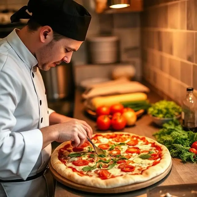 Chef preparing a pizza with fresh ingredients