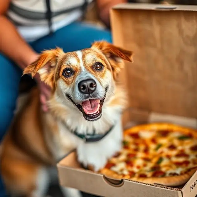 Customer photo of a dog near a pizza box