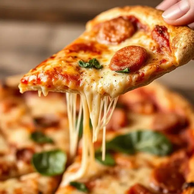 Close-up of a delicious pizza slice being lifted