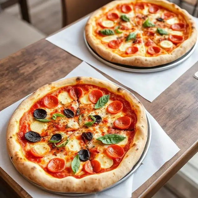 Two delicious pizzas on a table