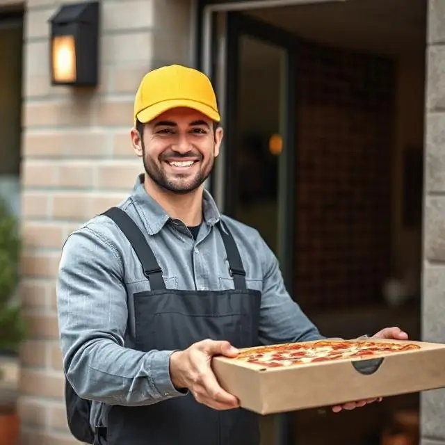 Smiling delivery driver handing a pizza box