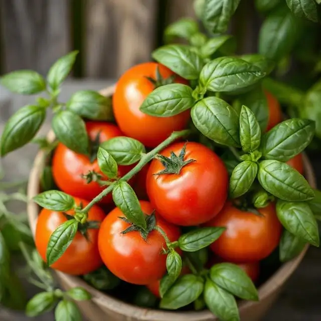 Freshly harvested tomatoes and basil