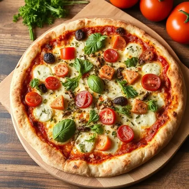 Vegetarian pizza with lots of vegetables