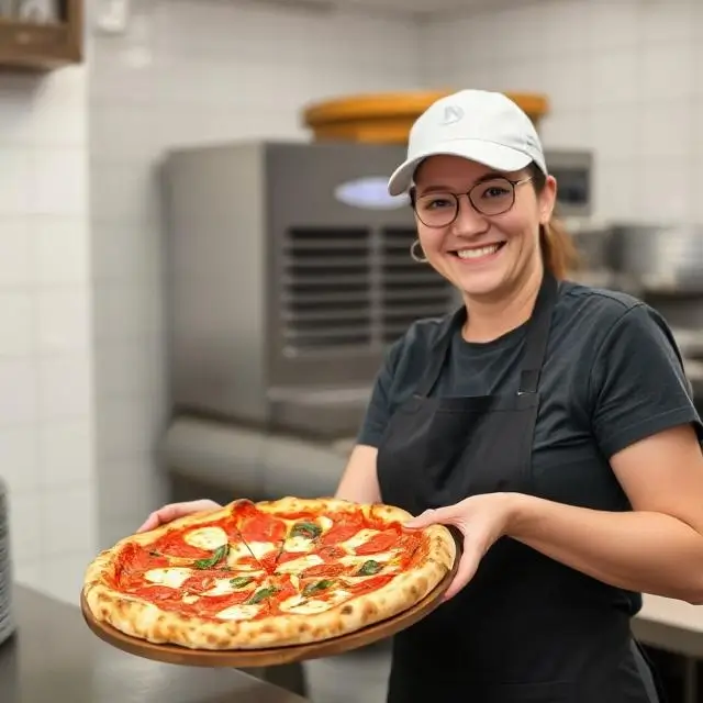 Smiling staff member with a pizza