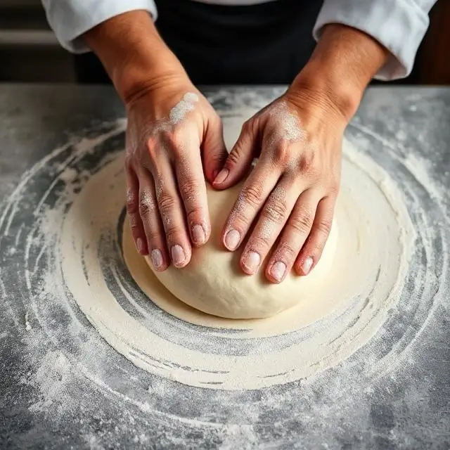 Chef's hands working with dough